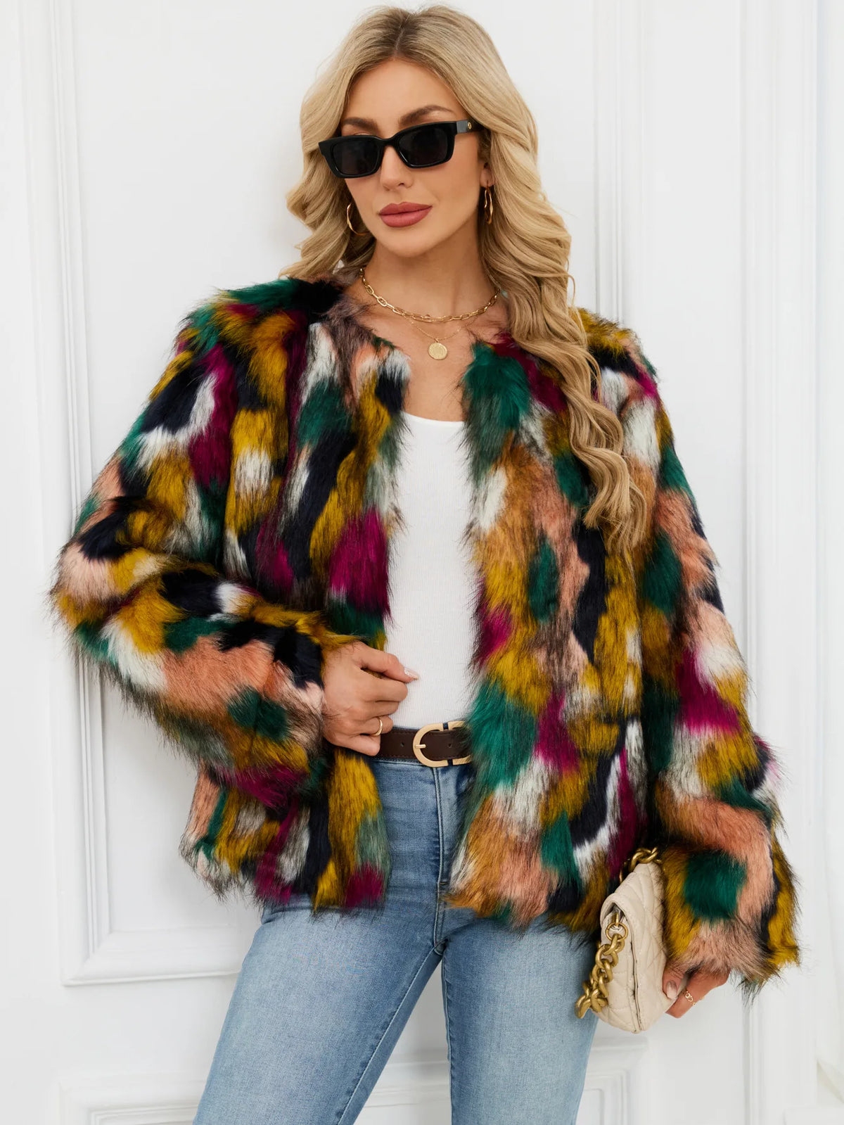 2026 Autumn Winter Color Print Faux Fur Coat Women Casual Long Sleeve Fluffy Plush Jacket O Neck Thick Fake Fur Warm Outwear