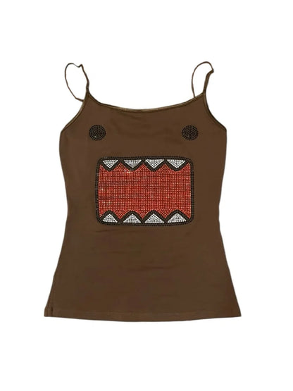 Harajuku Style Retro Rhinestone Cartoon Tank Top Womens Summer Casual Slim Fit Short Cut Crop Top