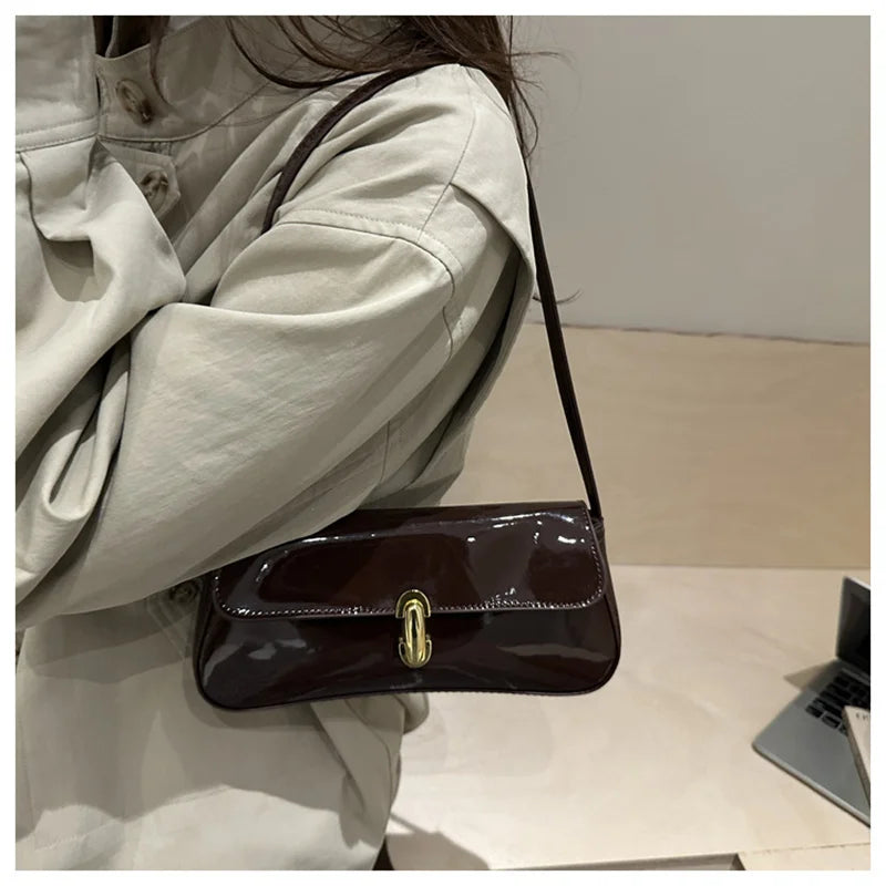 Fashion ladies shiny crossbody bag stylish elegant shoulder bag wine red small underarm bag versatile solid color clutch bag