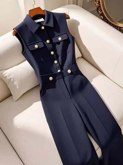 Korean Retro Polo Collar Single Breasted Pockets Navy Blue Jumpsuits Frence Fashion Office Lady All-match Summer Long Jumpsuit