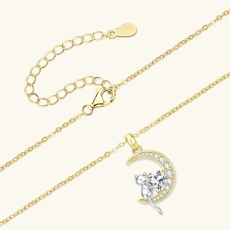 Celestinova GRA Certified 1.2ct Moissanite Moon Cat Pendant Necklace 14K Gold Plated Heart Cut Fine Jewelry Gift for Women