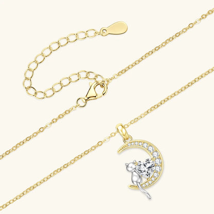 Celestinova GRA Certified 1.2ct Moissanite Moon Cat Pendant Necklace 14K Gold Plated Heart Cut Fine Jewelry Gift for Women