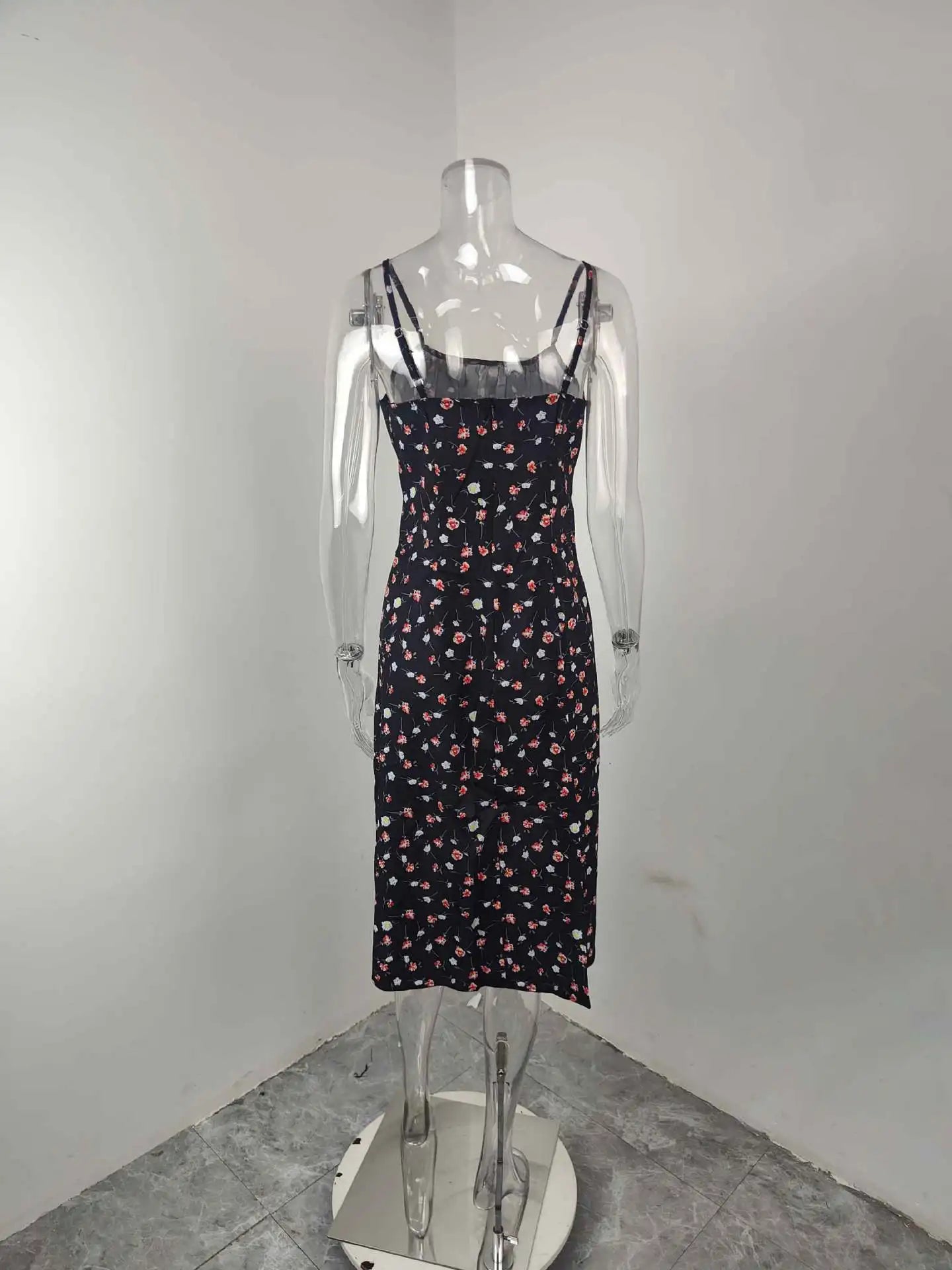 Women Elegant Floral Beach Vacation Streetwear Sexy Low Cut Beach Party Slim Slit Dress Chic Bodycon Lady Sleeveless Vestidos