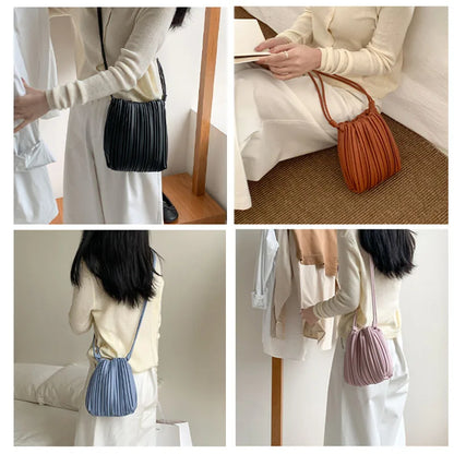 PU Leather Small Square Crossbody Bags for Women 2026 New Fashion Pleated Versatile Phone Shoulder Bag Korean Luxury Handbags