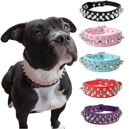 PU Dog Collar with Spike Rivet Adjustable Anti-Bite Pet Collars for Small Medium Large Dogs Bull Terrier Doberman Pinscher