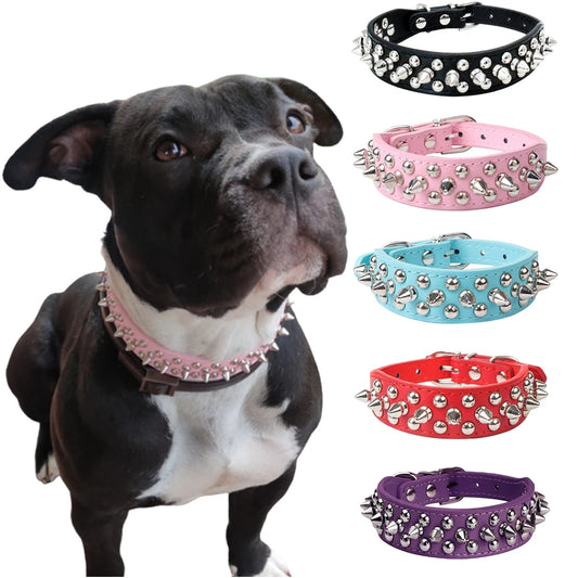 PU Dog Collar with Spike Rivet Adjustable Anti-Bite Pet Collars for Small Medium Large Dogs Bull Terrier Doberman Pinscher