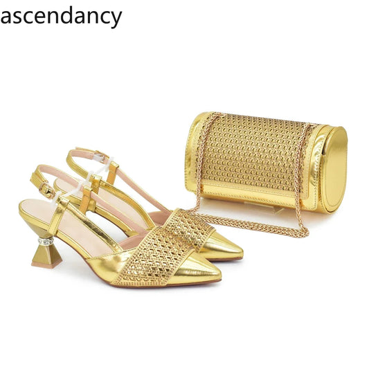 Shoe and Bags for Women Nigeria Party Women Nigerian Italian Shoes and Bags Set with Rhinestone Elegant Woman Heeled Pumps