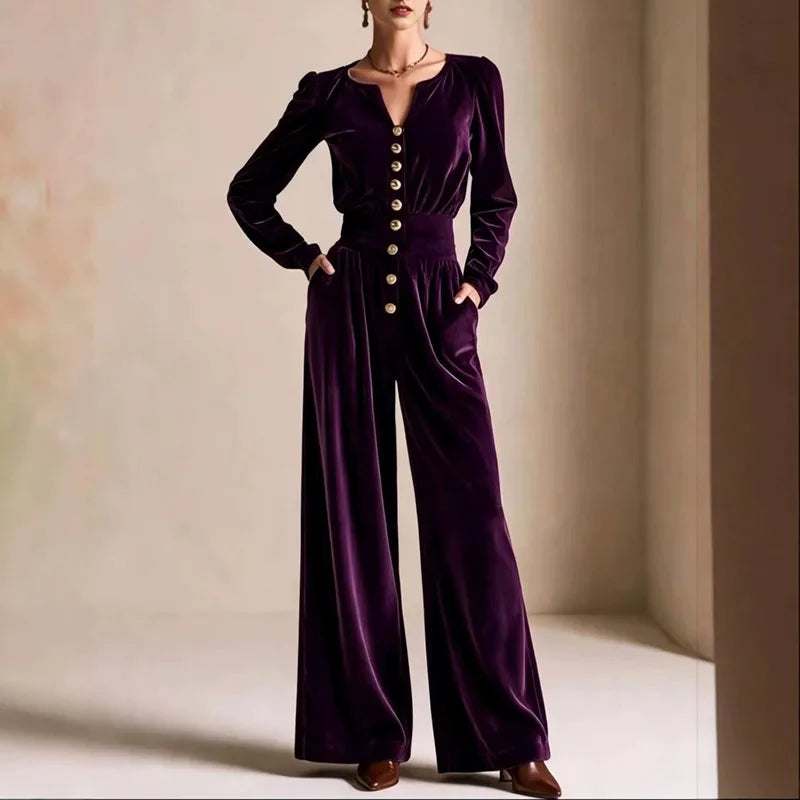 Elegant Solid Corduroy Overalls Ladies Notched V-Neck Long Sleeve Buttons Elastic Waist Romper New Autumn Casual Party Jumpsuits