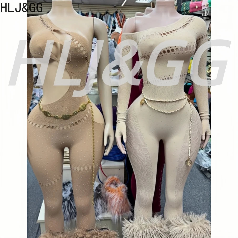HLJ&GG Sexy Sparkling Rhinestone Hollow Bodycon One Piece Jumpsuits Women One Shoulder Long Sleeve Slim Playsuit With Chain 2025