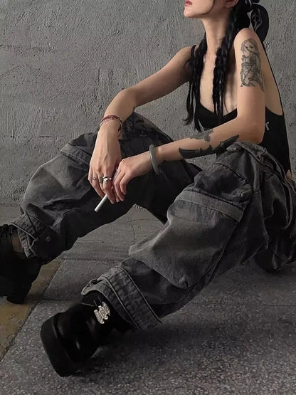 2025 Autumn Winter Large Pocket Women's Denim Trousers Washable Gradient Workwear Parachute Pants Jeans High Waist Long Pants