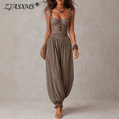 Elegant Lace Trim Boho Jumpsuits Sleeveless Ruffle Spaghetti Strap High Waist Panel Crinkle Romper Women Summer Casual Playsuits