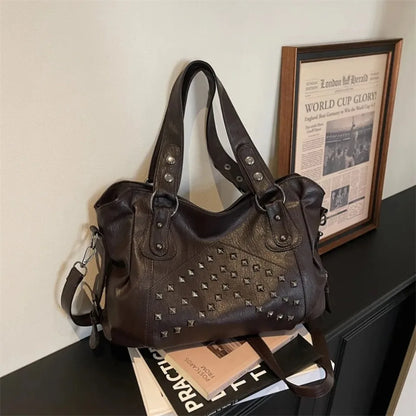 Rivet Punk Large Capacity Handbags Top Quality Sturdy Soft Leather Casual Tote Bag Shoulder Crossbody Bags Daily Commute Travel