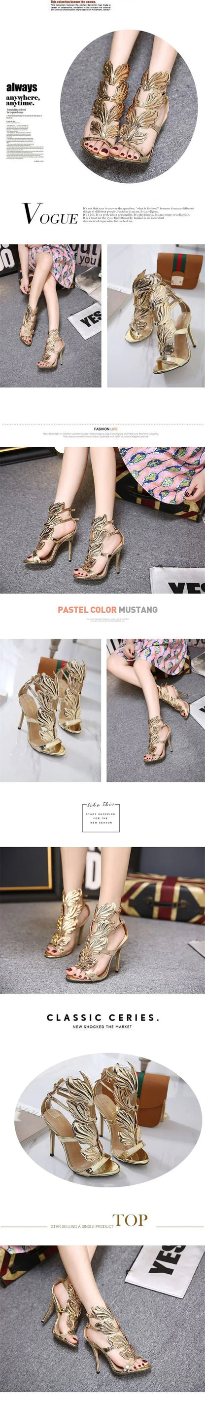 Rome Style Metal Wings Stiletto Women's Sandals Gold Patent Leather High Heels Fashion Ladies Open Toe Double Buckle Party Shoes