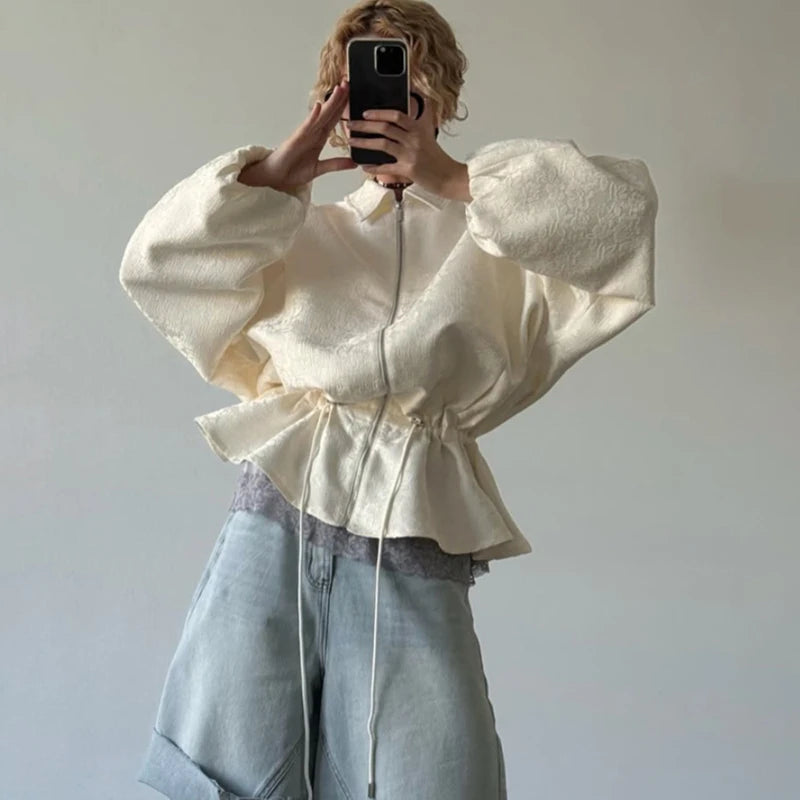 Luxury Apricot Texture Jacket Turn-down Collar Zipper Drawstring Waist Slim Lantern Sleeves Outerwear 2026 Fall Chic Lady Coat