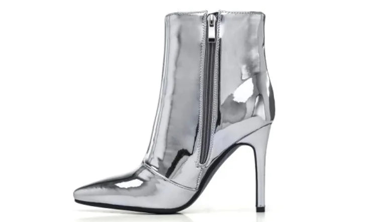 Design Ankle Boots Women Fashion Zipper Pointed  High Heels Gold Silver Patent Leather Short Booties Shoes Catwalk Shoes