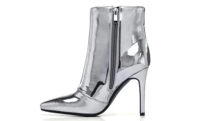 Design Ankle Boots Women Fashion Zipper Pointed  High Heels Gold Silver Patent Leather Short Booties Shoes Catwalk Shoes