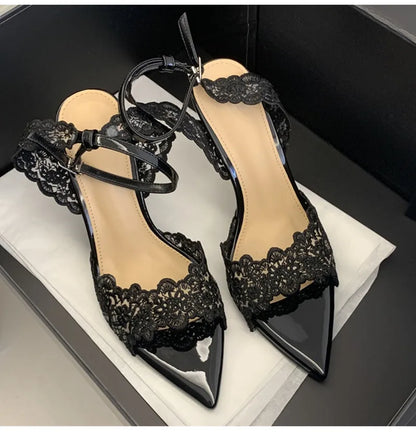 Luxury Lace Embroidery Ankle Strap Buckle Women Gladiator Sandals Elegant Thin High heels Summer Fashion Party Wedding Shoes