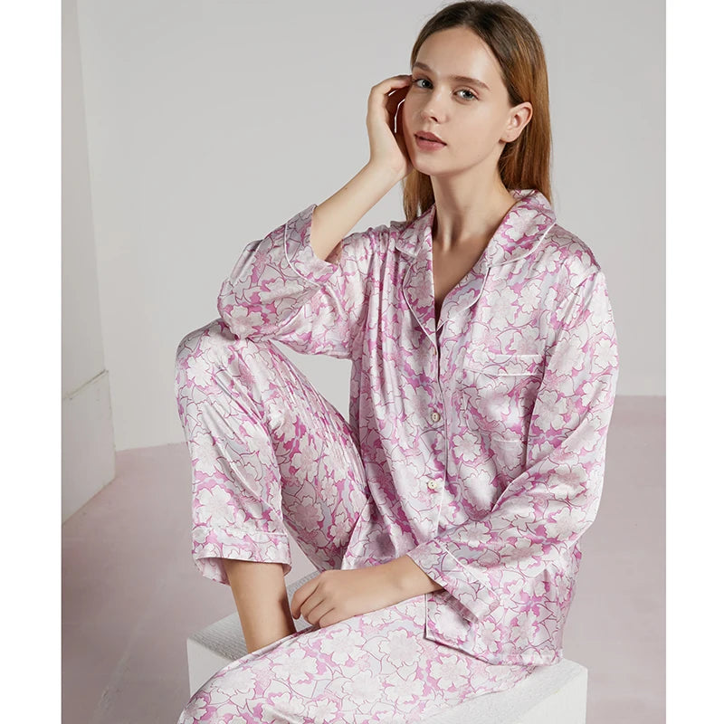 19MM 100% Mulberry Silk Pajamas Women Silk Sleepwear Lady Long-sleeved TrousersTwo-piece Spring Summer  Loose Sexy Home Clothes