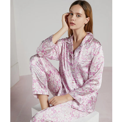 19MM 100% Mulberry Silk Pajamas Women Silk Sleepwear Lady Long-sleeved TrousersTwo-piece Spring Summer  Loose Sexy Home Clothes