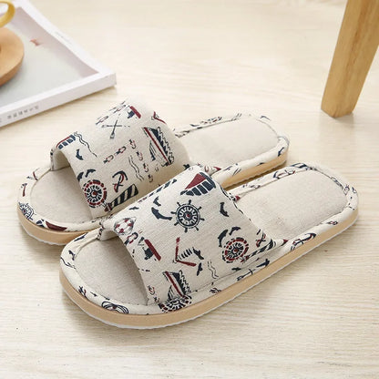 Four Season Linen Home Slippers Women Autumn Indoor Casual Floral Slides Couples House Non-slip Sandals Adults Cartoon Cat Shoes