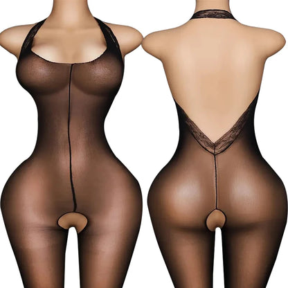 High Neck Fishnet Hollow Bodysuits For Women Sexy Long Sleeve Crotchless Jumpsuits Erotic Outfits Mesh See Through Teddy Rompers