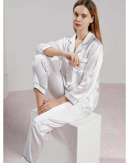 19MM 100% Mulberry Silk Pajamas Women Silk Sleepwear Lady Long-sleeved TrousersTwo-piece Spring Summer  Loose Sexy Home Clothes