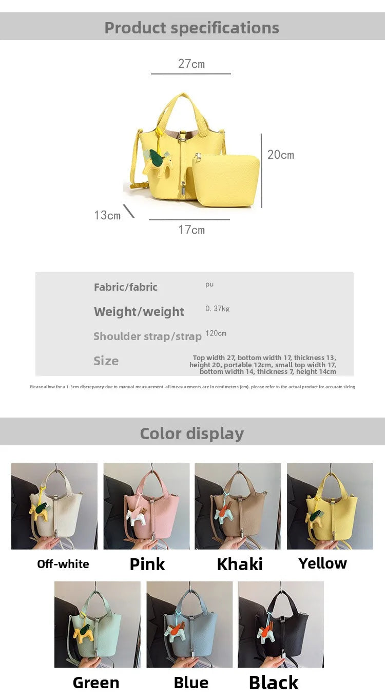Fashion Vegetable Basket Bucket Bag Women's Autumn New Lychee Pattern Shoulder Bag Simple Solid Color Niche Messenger Bag
