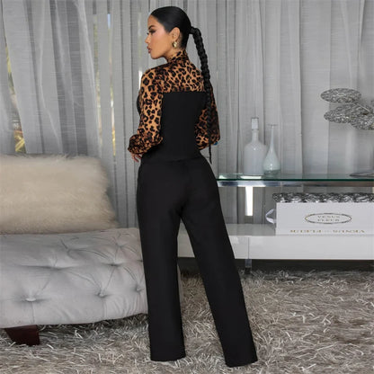 Doyerl Leopard Patchwork Shirt Style Jumpsuits Woman Elegant Vintage Long Sleeve High Waist One Piece Rompers Women Jumpsuit