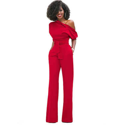 2024 Summer New Fashion Women's Jumpsuit Solid Color Slanted Shoulder Elegant Temperament Sleeveless Long Wide Leg Jumpsuit