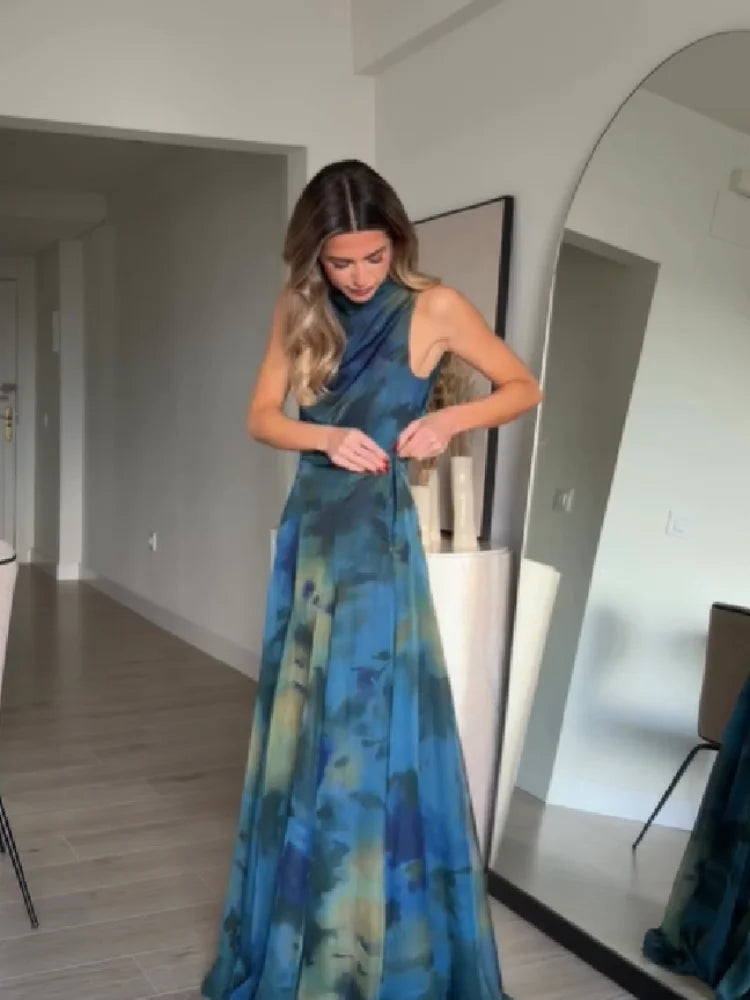 Women's Elegant Blue Watercolor Print Maxi Dress Sleeveless Cowl Neck Satin Formal Evening Gown A-line Floor Length Party Dress