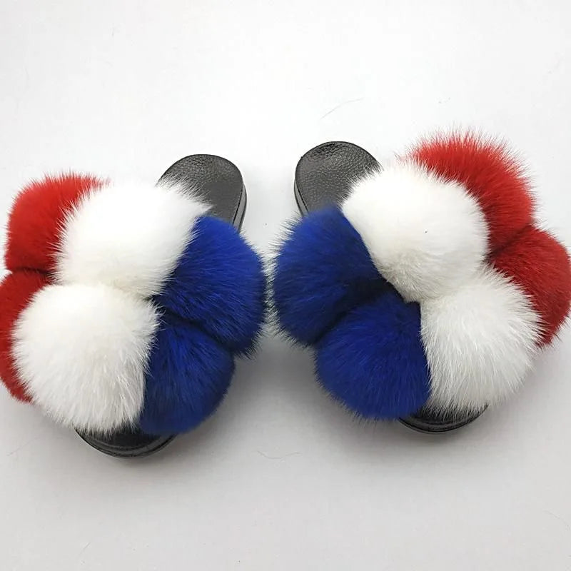 Natural Fox Fur Slippers, Fashionable Outdoor Multi-Color Animal Hair Slippers, Women's Gifts, Soft EVA Sole Slippers, On Trend