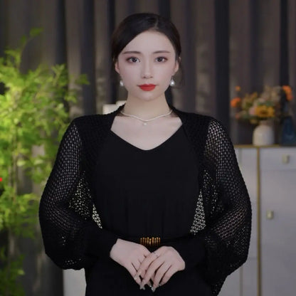 Womens Fashion Hollow Ice Silk Shawl Simple Elegant Thin Outerwear Coat Luxury Long Sleeve Smock Top