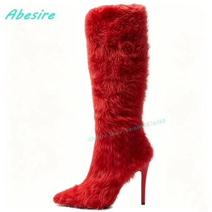 White Faux Fluffy Fur Knee High Boots Pointed Toe Stiletto Heels Side Zipper Women's Boots Spicy Girls Fashion Show Winter Shoes