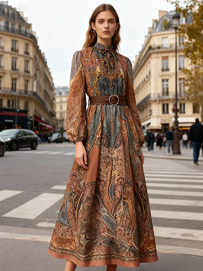 plus Size Spring Summer Elegant Print Dress Long Sleeve Umbrella Skirt Design Waist Belt Decoration Slimming Daily Wear dress
