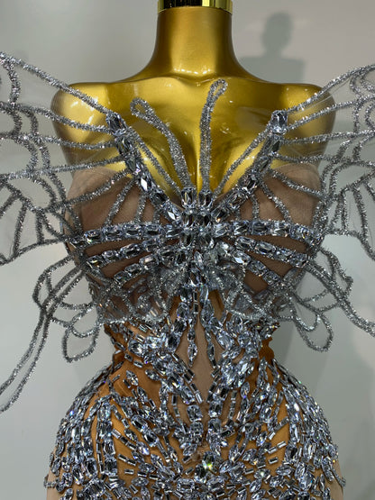 Sparkly Silver Diamond Butterfly Strapless Sheer See Through Jumpsuit Eveing Party Birthday Bar Nightclub Sexy Stage Costumes