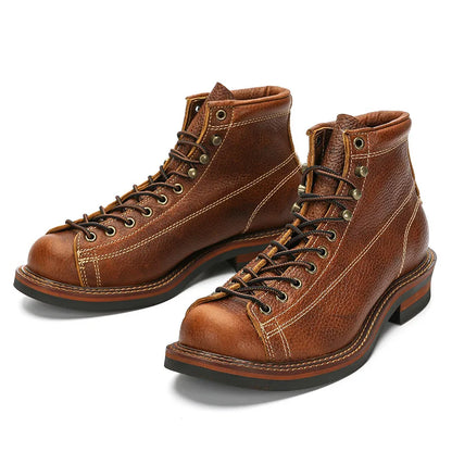 European and American Short Face Top Layer Cowhide Men's Motorcycle Work Boots Retro Leather Short Boots