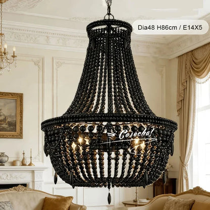 Black French Country Chandelier Large Hanging Lights Dia60 H65cm Living Room Boho Wood Bead Chandelier For Bedroom Dining Room