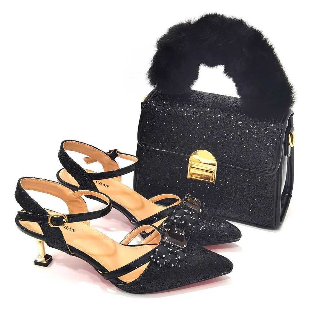 Venus Chan 2022 Nigerian Fashionable Silver Color Peep Toe Shoes Matching Bag Set For Royal Ladies Wedding Party Sandal