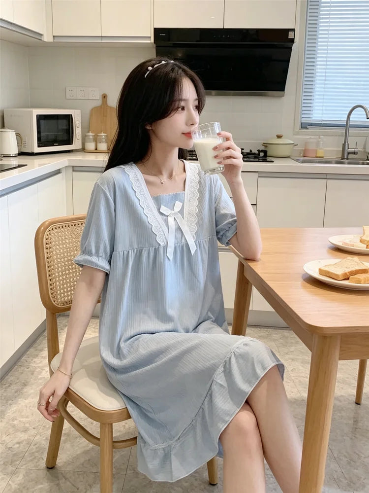 Summer Pajamas Dresses Sleepwear Sweet Korean Style Night Dress Women Nightgown Short Sleeve Lingerie Lace Patchwork Nightie