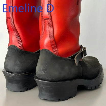 Color Blocked Upturned Western Cowboy Boots Fashionable Leather Splicing Design for Men and Women Square Headed Knight Boots