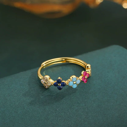 925 Sterling Silver Colorful Four-Leaf Petal Ring for Women Light Luxury, High-End, Trendy Fashion Fine Jewelry Gifts