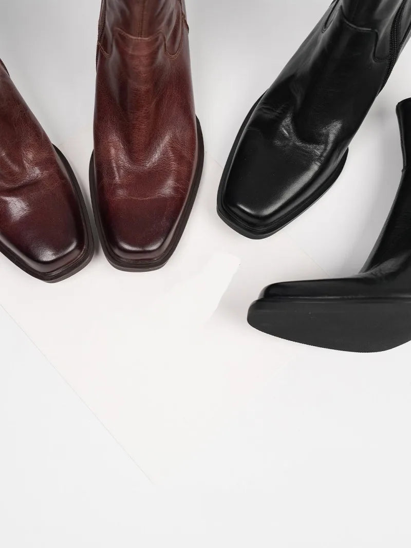 Elegant Office Ladies Chunky Heels Genuine Leather Short Boots Square Toe New Designer Shoes Women Vintage Cowhide Ankle Boots