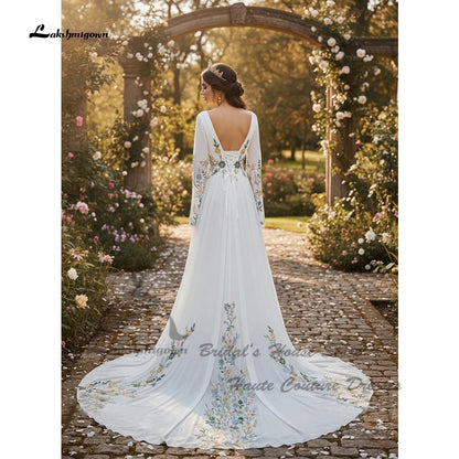 Lakshmigown Floral Lace Bohemian Wedding Dress Corset Chiffon Long Sleeve Bride Gowns White Beach Bridal Dresses 2026 Customized