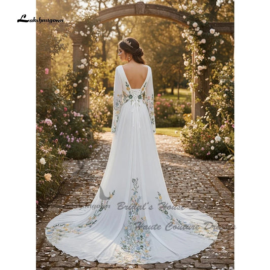 Lakshmigown Floral Lace Bohemian Wedding Dress Corset Chiffon Long Sleeve Bride Gowns White Beach Bridal Dresses 2026 Customized