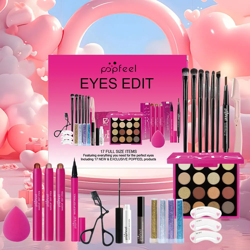 POPFEEL 22-Piece Eye Makeup Set: Includes 16-Color Eyeshadow Palette, Pearl Shimmer, Eyeshadow, Brow Tint, Black Eyeliner