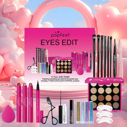 POPFEEL 22-Piece Eye Makeup Set: Includes 16-Color Eyeshadow Palette, Pearl Shimmer, Eyeshadow, Brow Tint, Black Eyeliner