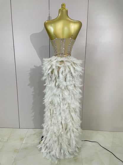 Luxury Sparkly Rhinestones Feathers Long Tail Dress Sexy Mesh Transparent Stage Bodysuit Evening Party Celebrate Birthday Dress