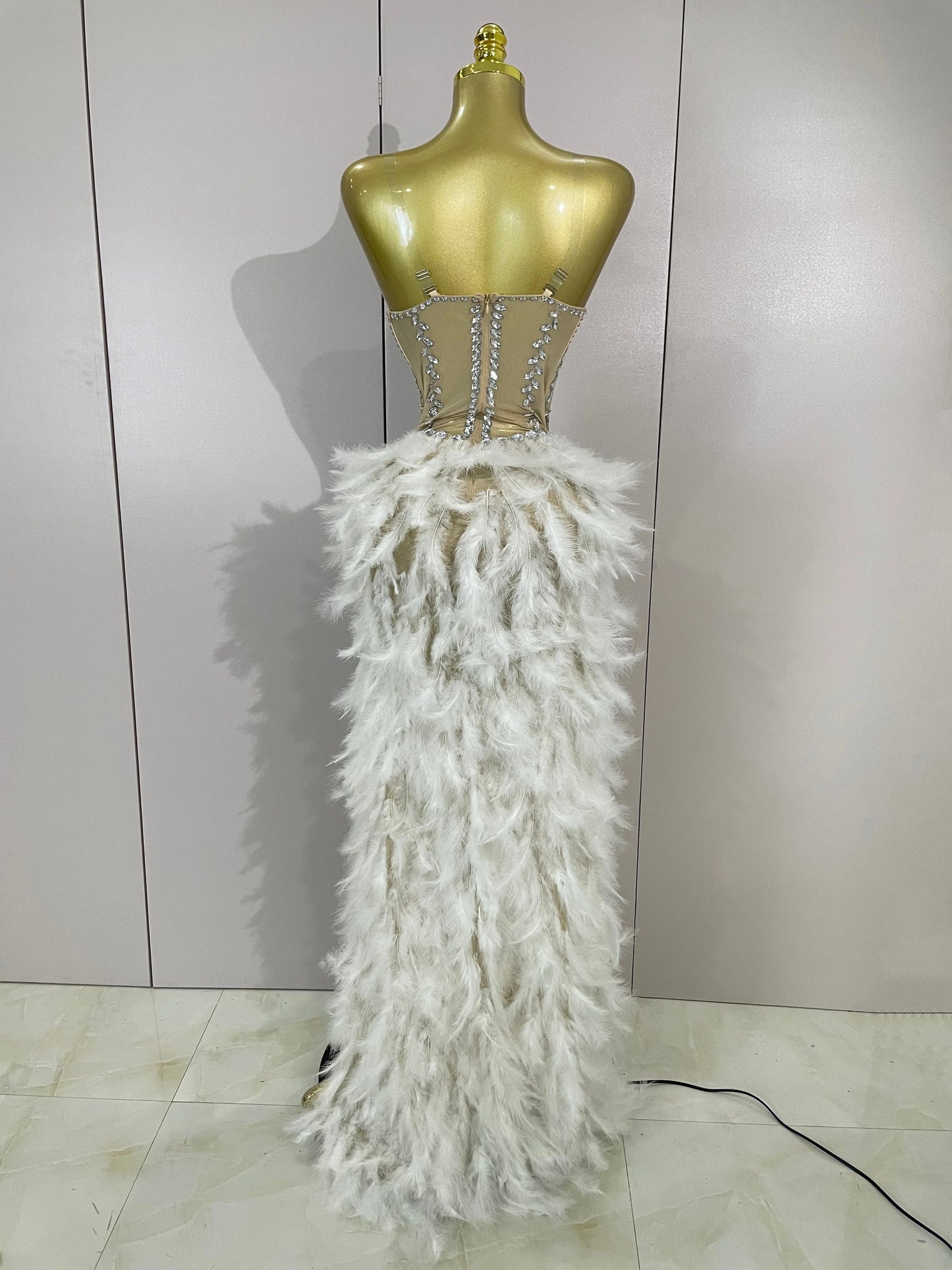 Sparkly Rhinestones Feathers Long Tail Bodysuits Sexy Mesh Transparent Stage Dress Evening Party Celebrate Luxury Birthday Dress