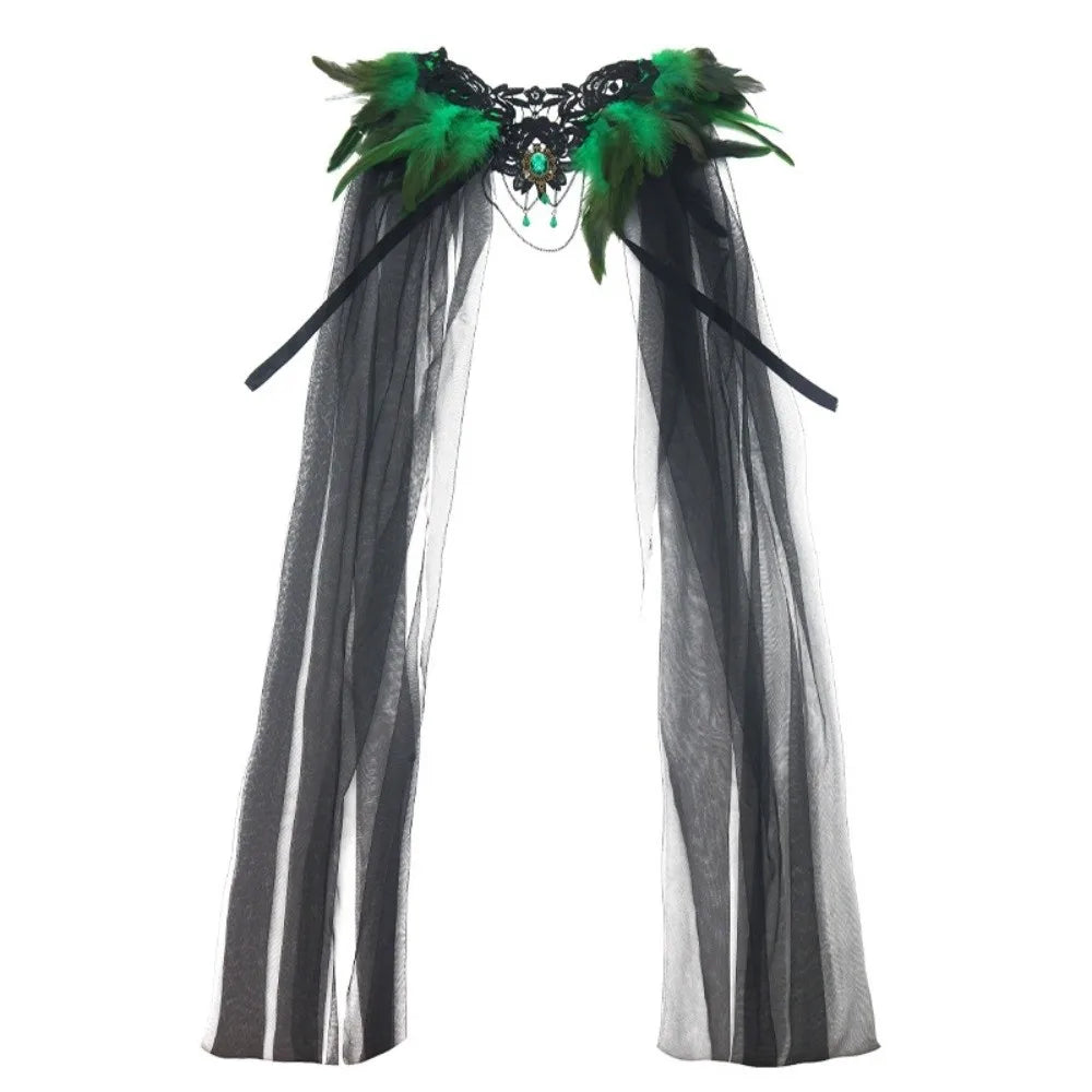 Black Halloween Feather Cloak Elegant Mesh Fringe Hollow Lace Mesh Cape Fur Collar Flowing Festival Costume Cape Gothic Carnival