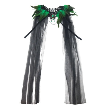 Black Halloween Feather Cloak Elegant Mesh Fringe Hollow Lace Mesh Cape Fur Collar Flowing Festival Costume Cape Gothic Carnival
